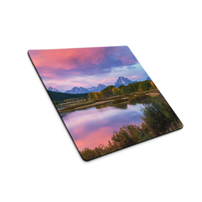 Vibrant mountain sunrise mouse pad with lake, non-slip base, edge stitching
