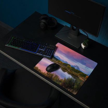 Vibrant mountain sunrise mouse pad with non-slip base and stitching