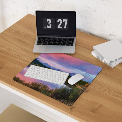 Vibrant mountain sunrise mouse pad with pink purple blue hues non-slip base
