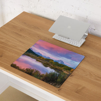Vibrant mountain sunrise mouse pad with pink purple skies, water reflection, non-slip base