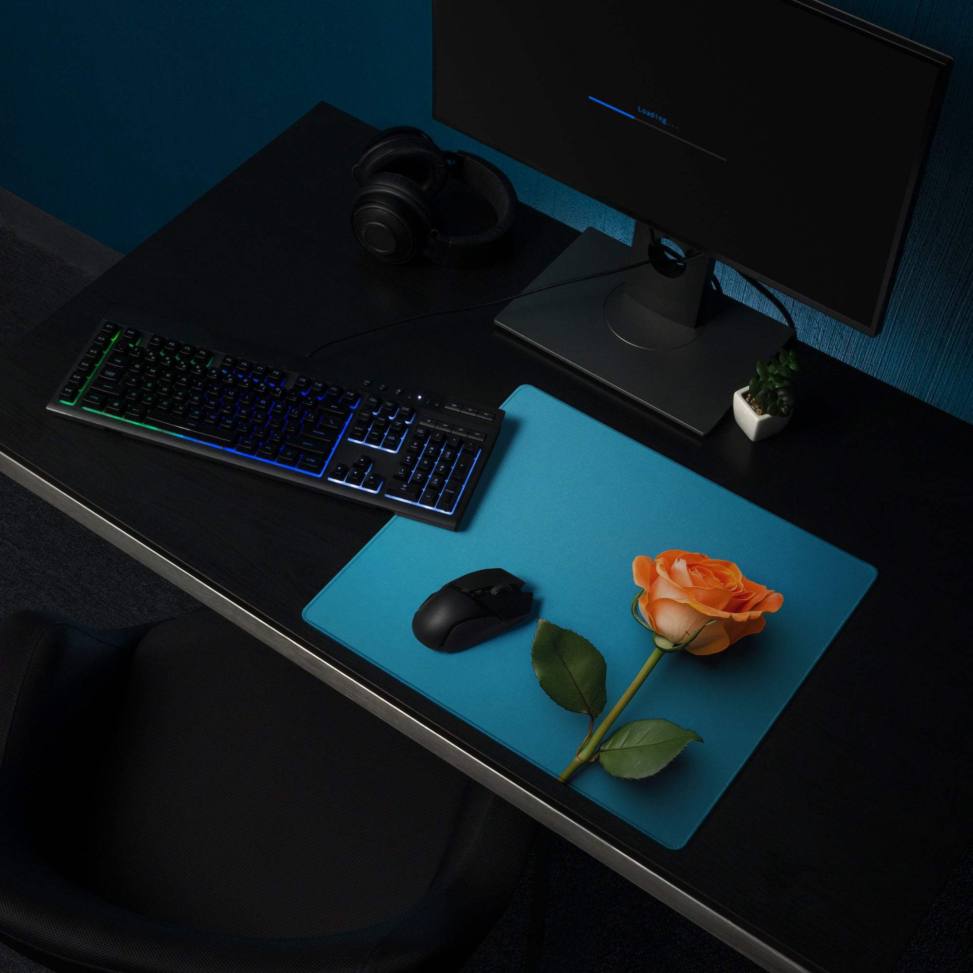 Elegant floral blue large gaming mouse pad with orange rose design