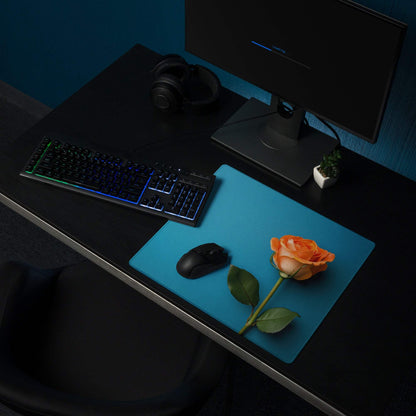 Elegant floral blue large gaming mouse pad with orange rose design