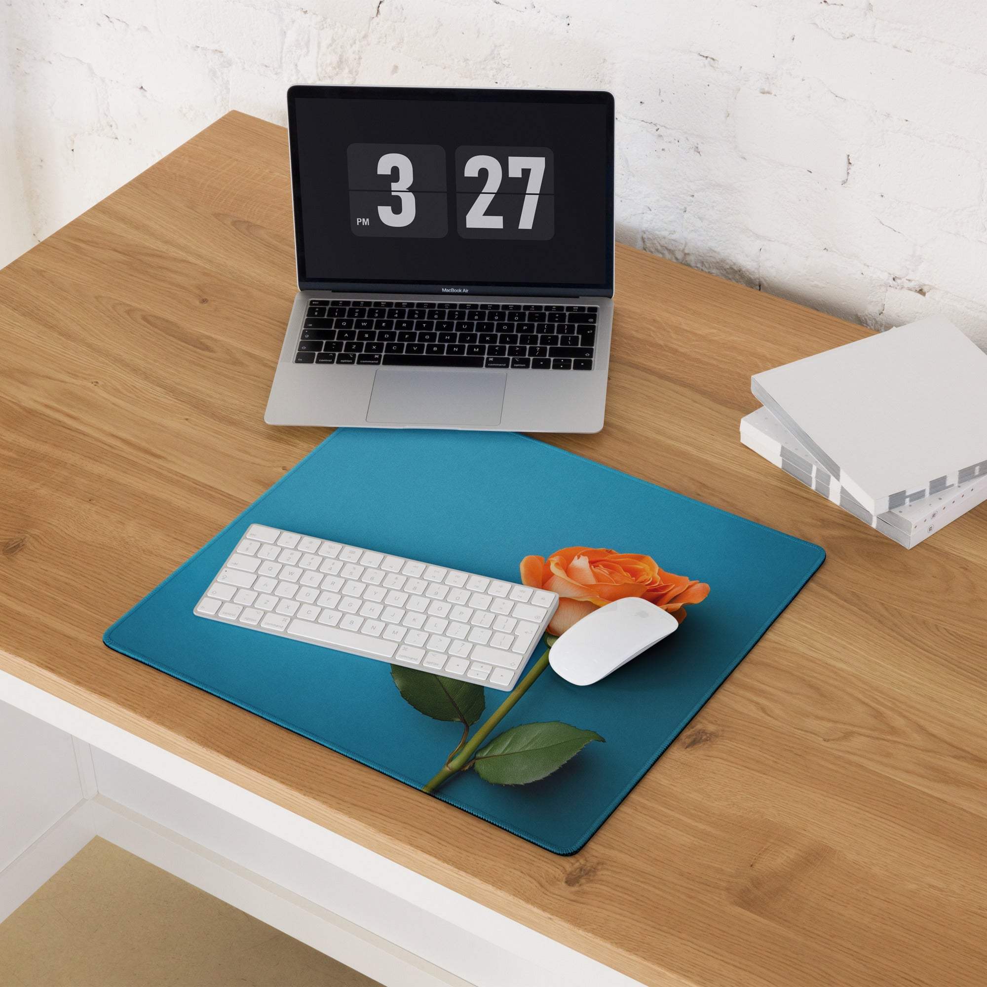 Elegant blue large gaming mouse pad with orange rose design and non-slip backing