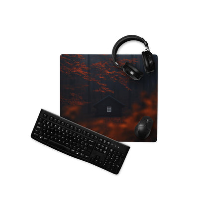 Black gaming mousepad with fiery orange forest cabin design