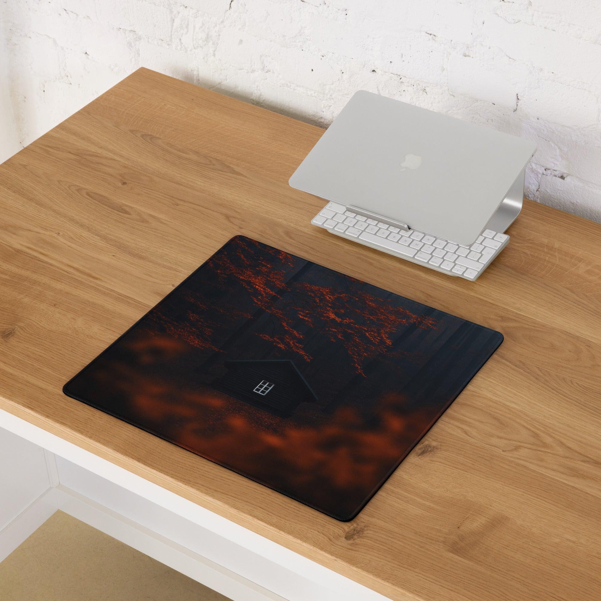Autumn orange fiery abstract gaming mouse pad with white grid logo