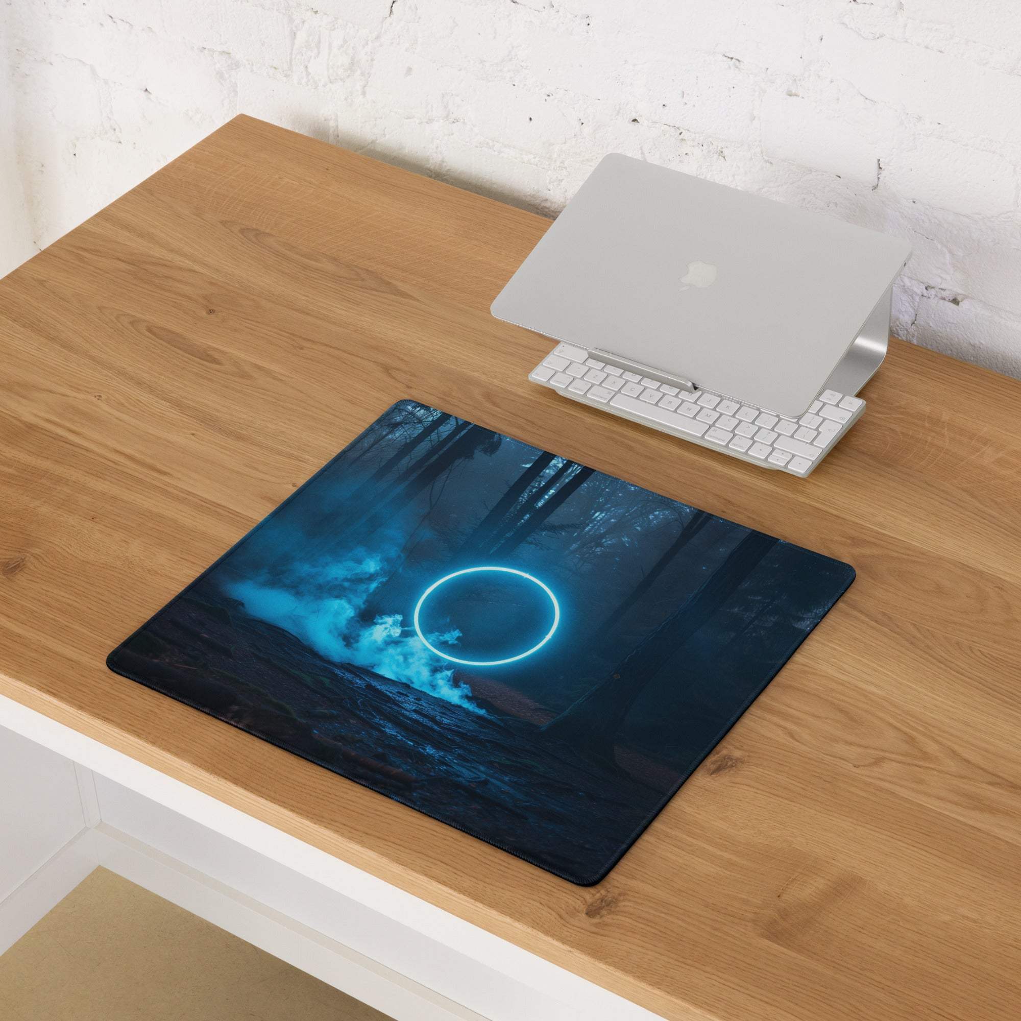 Blue neon circle forest scene on large gaming mouse pad