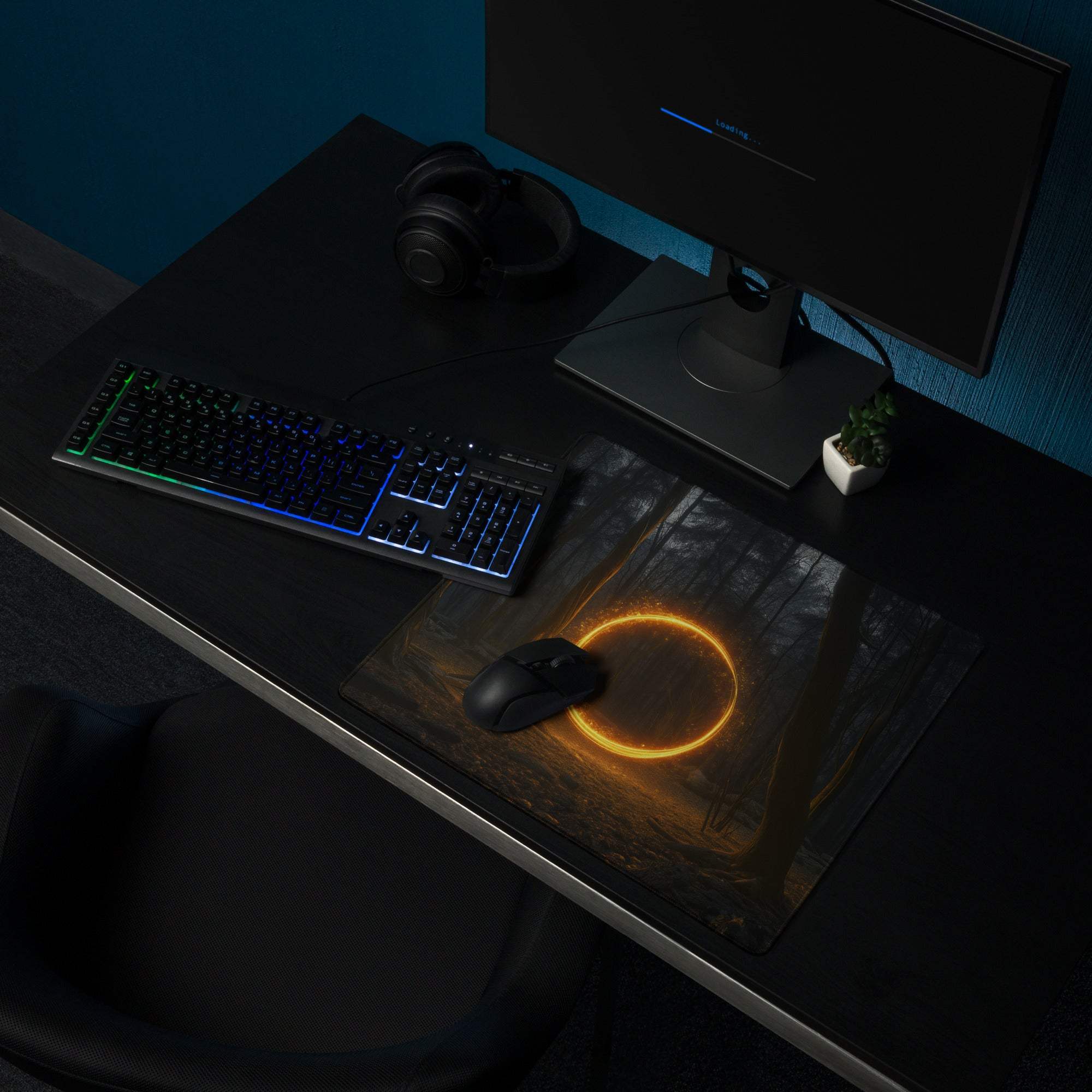 Black gaming mouse on dark forest neon ring mousepad