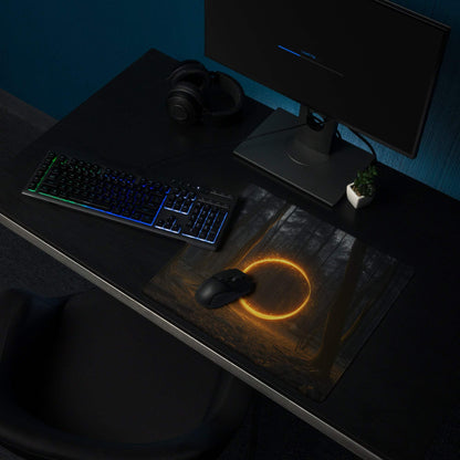Black gaming mouse on dark forest neon ring mousepad