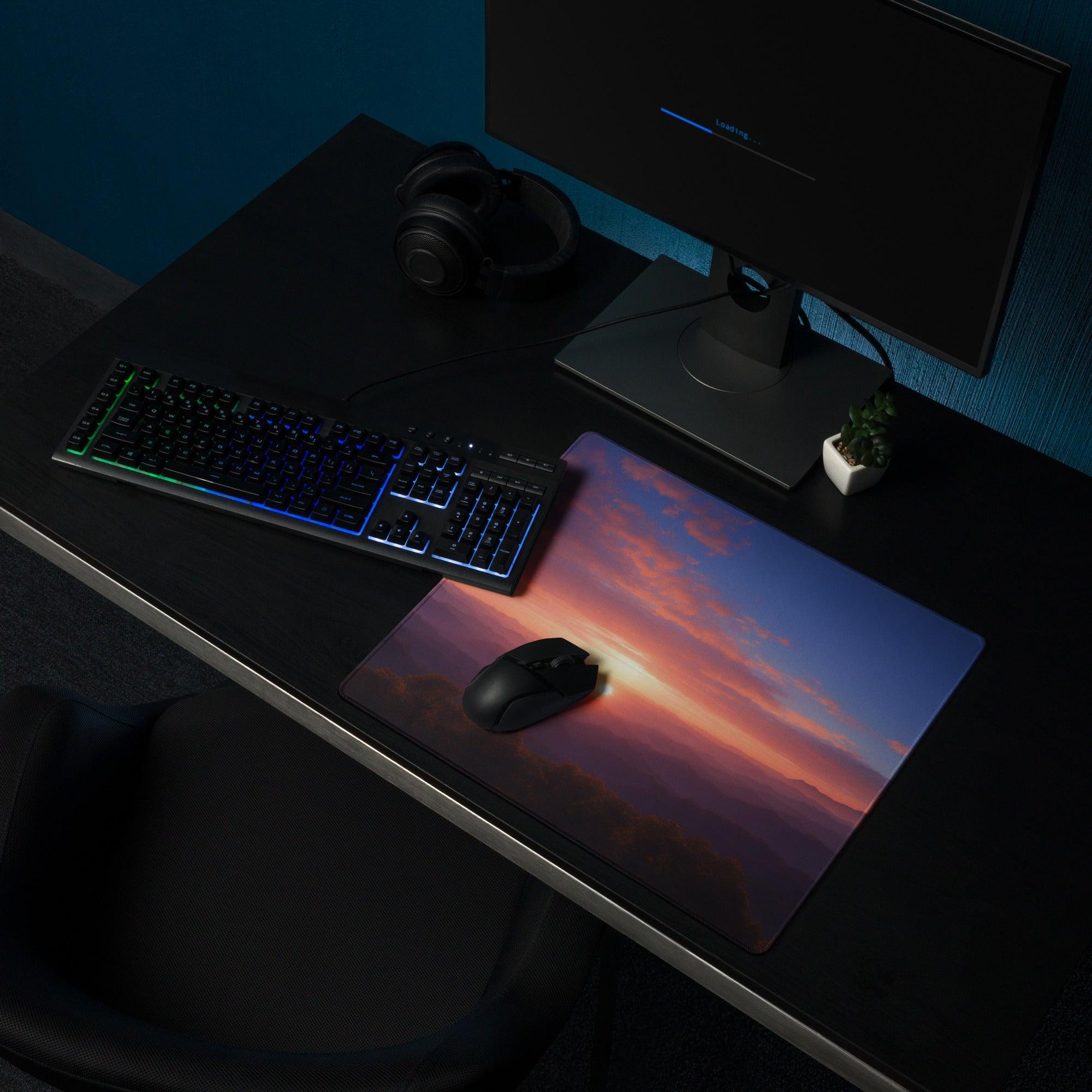 Large sunset mountain range gaming mouse pad with vibrant orange pink purple sky, non-slip base, stitched edges