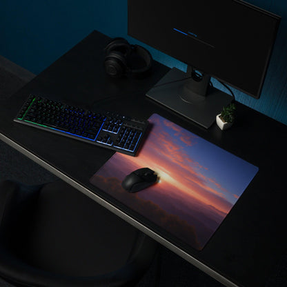Large sunset mountain range gaming mouse pad with vibrant orange pink purple sky, non-slip base, stitched edges