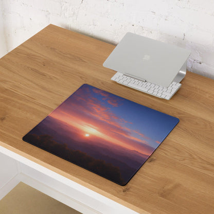 Large sunset mountain range gaming mouse pad with non-slip base and stitched edges