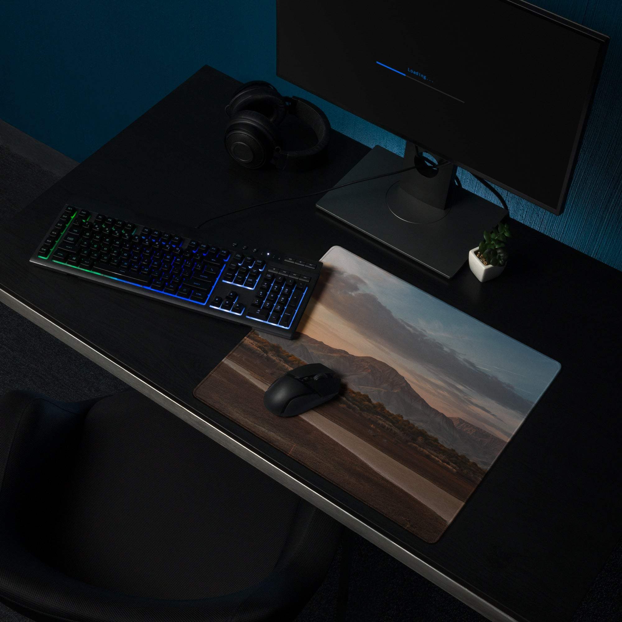 Sunset Mountain Landscape Extra Large Gaming Mouse Pad on dark desk