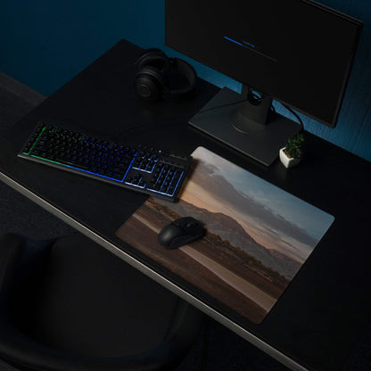 Sunset Mountain Landscape Extra Large Gaming Mouse Pad on dark desk