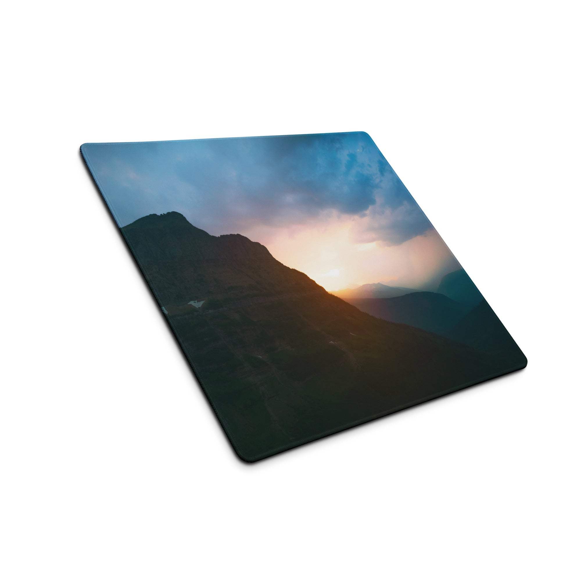 Large calm mountain sunset gaming mouse pad with square shape, non-slip base, stitched edges