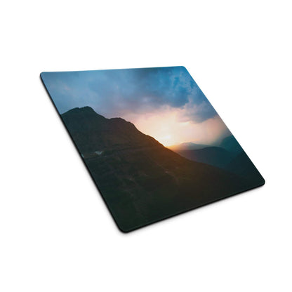Large calm mountain sunset gaming mouse pad with square shape, non-slip base, stitched edges