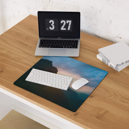 Large Calm Mountain Sunset gaming mouse pad with blue black cliffside scene