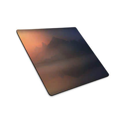 Square Sunset Mountain gaming mouse pad with misty landscape in orange blue tones