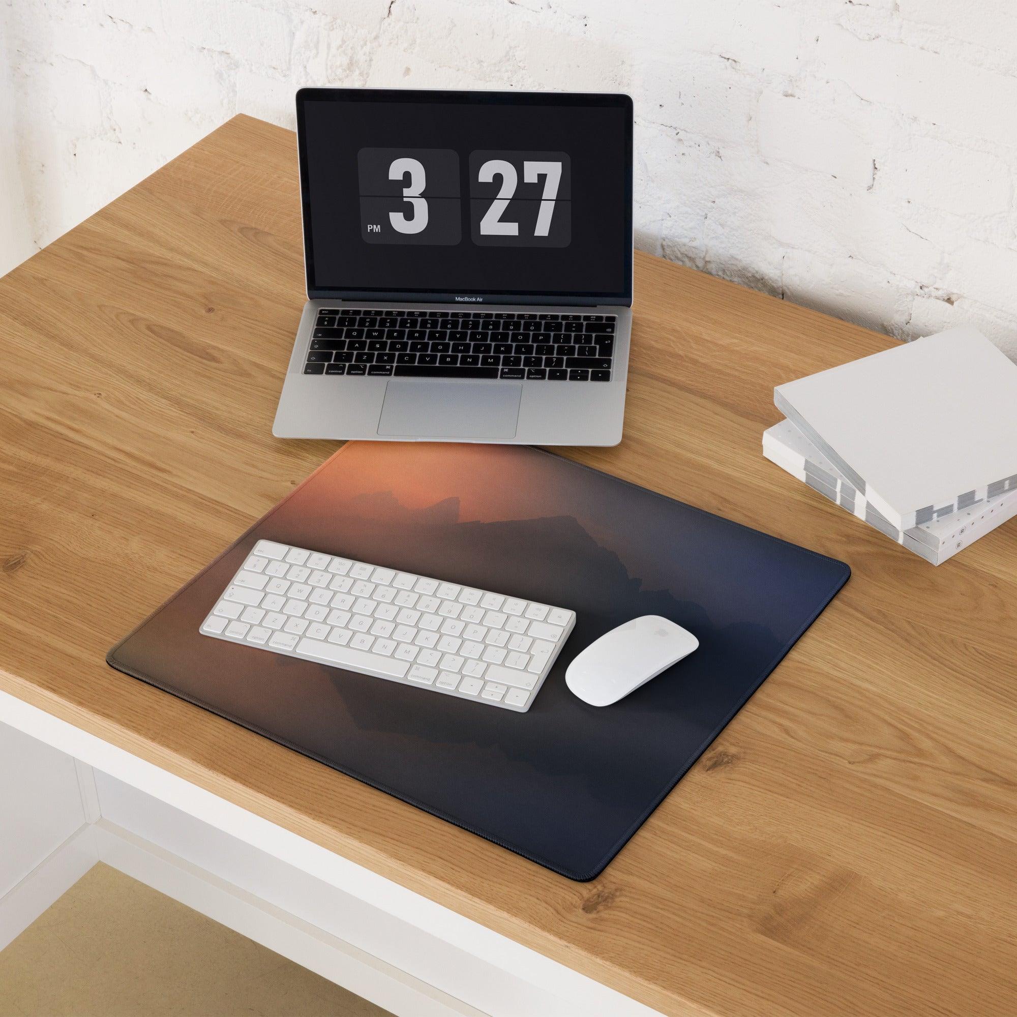 Black sunset mountain gaming mouse pad with orange-blue gradient