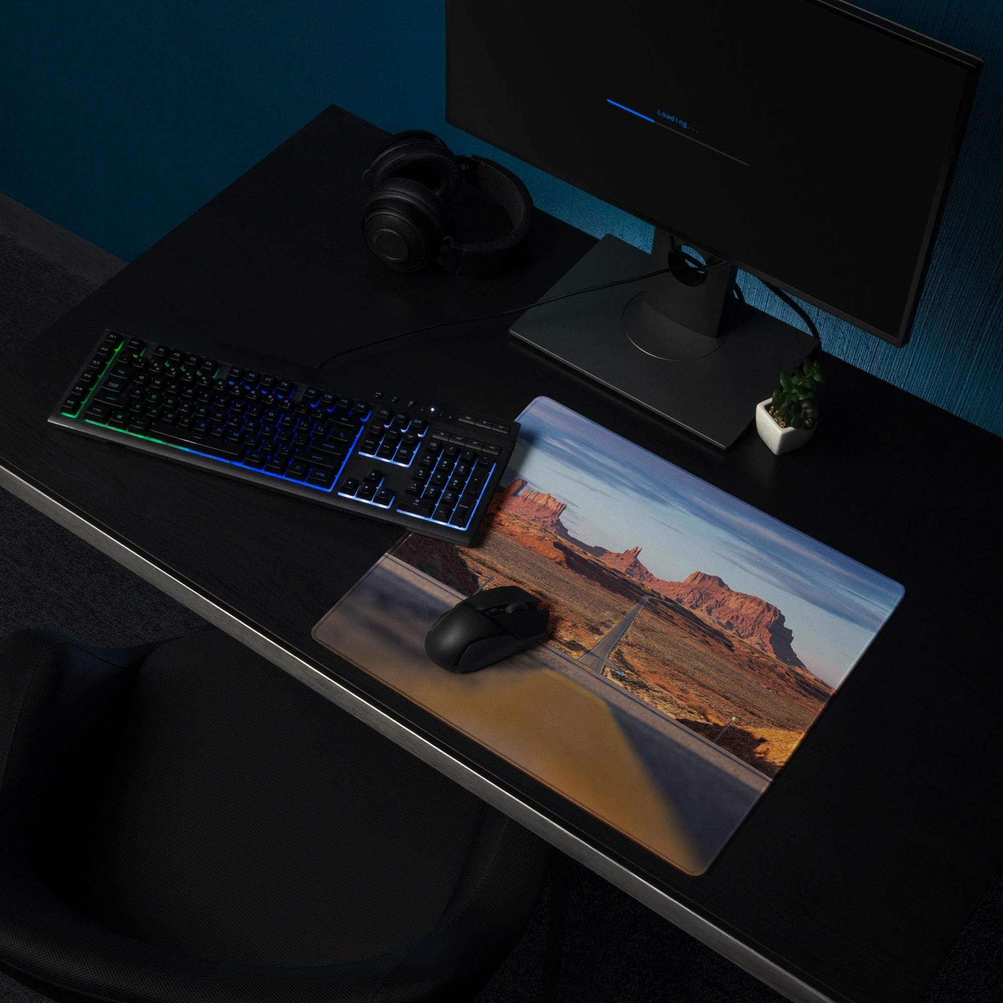 Desert Sunset Monument Valley gaming mouse pad with red rocks, road, non-slip backing