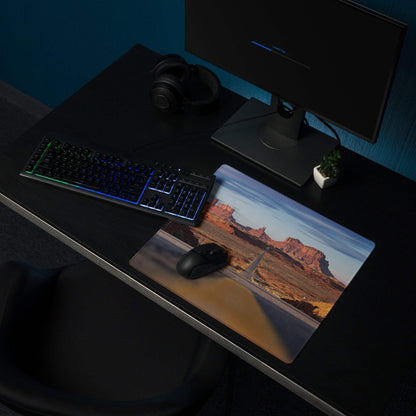 Desert Sunset Monument Valley gaming mouse pad with red rocks, road, non-slip backing