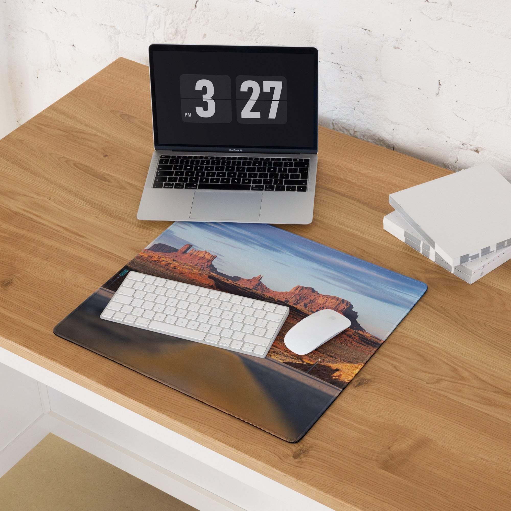 Desert Sunset Monument Valley gaming mouse pad with red rocks, keyboard, mouse