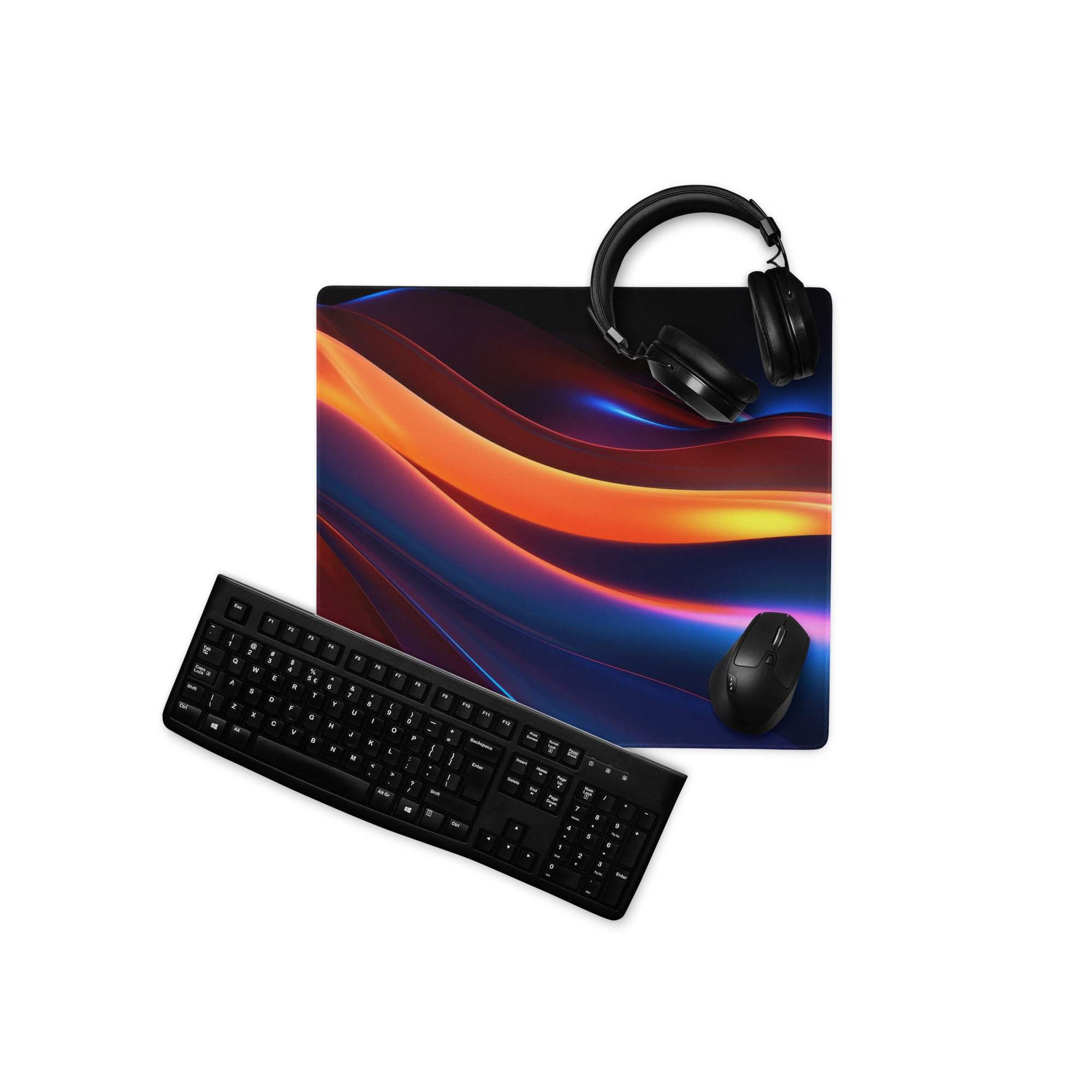Black gaming mousepad with vibrant orange blue purple abstract waves design
