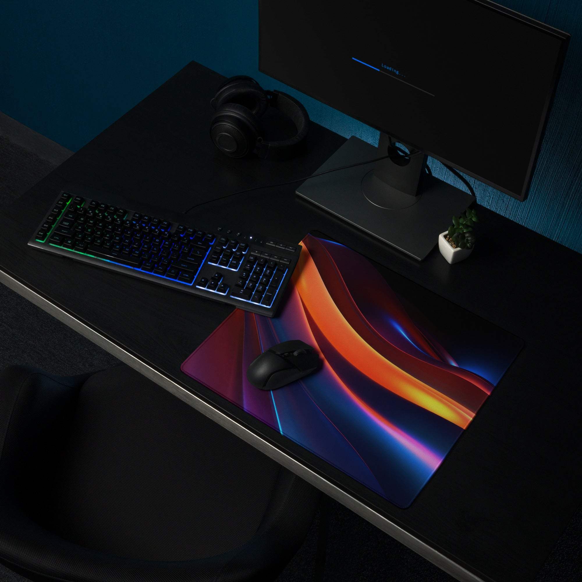 Vibrant abstract waves gaming mouse pad with glossy gradients, non-slip backing