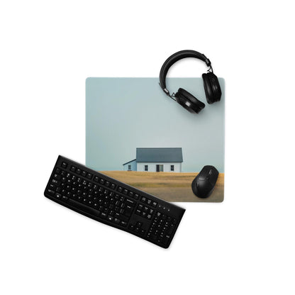 Calm landscape house in field blue sky stitched gaming mouse pad with headphones and mouse