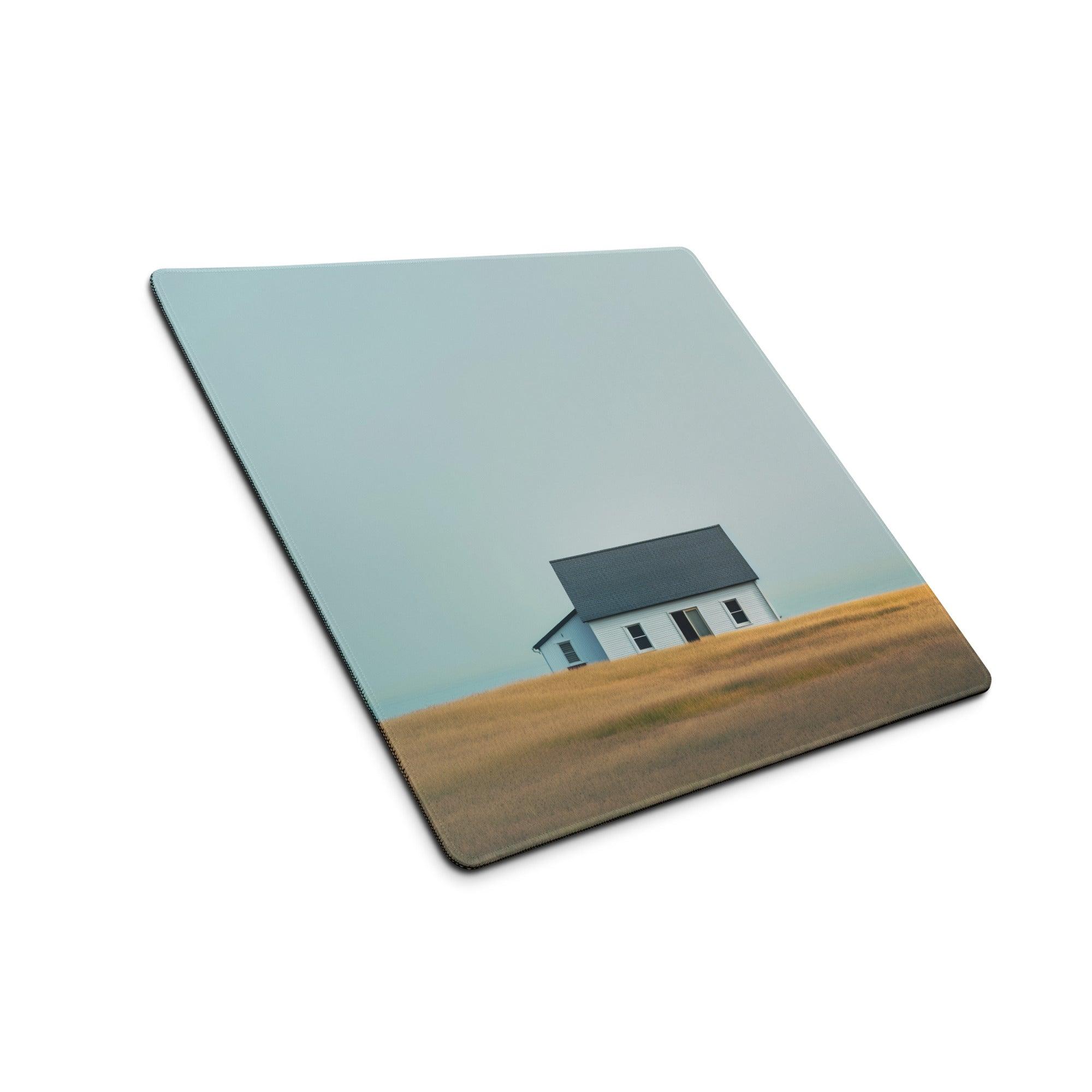 Minimalist white house on golden field mouse pad with stitched edges