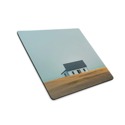 Minimalist white house on golden field mouse pad with stitched edges