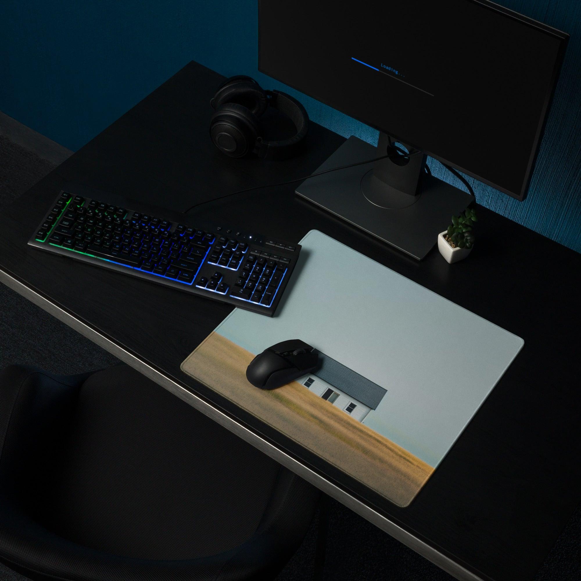 Calm landscape house gaming mouse pad with blue sky, wood edge, stitched, non-slip base