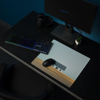Calm landscape house gaming mouse pad with blue sky, wood edge, stitched, non-slip base