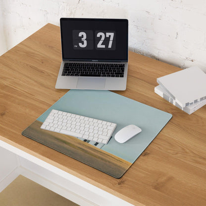 Light blue and brown wooden keyboard mouse pad with stitched edge