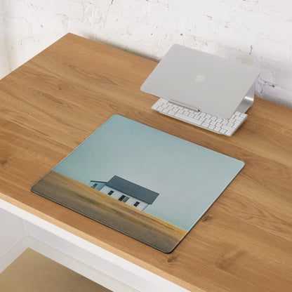 Large calm landscape house in field under blue sky stitched edge gaming mouse pad