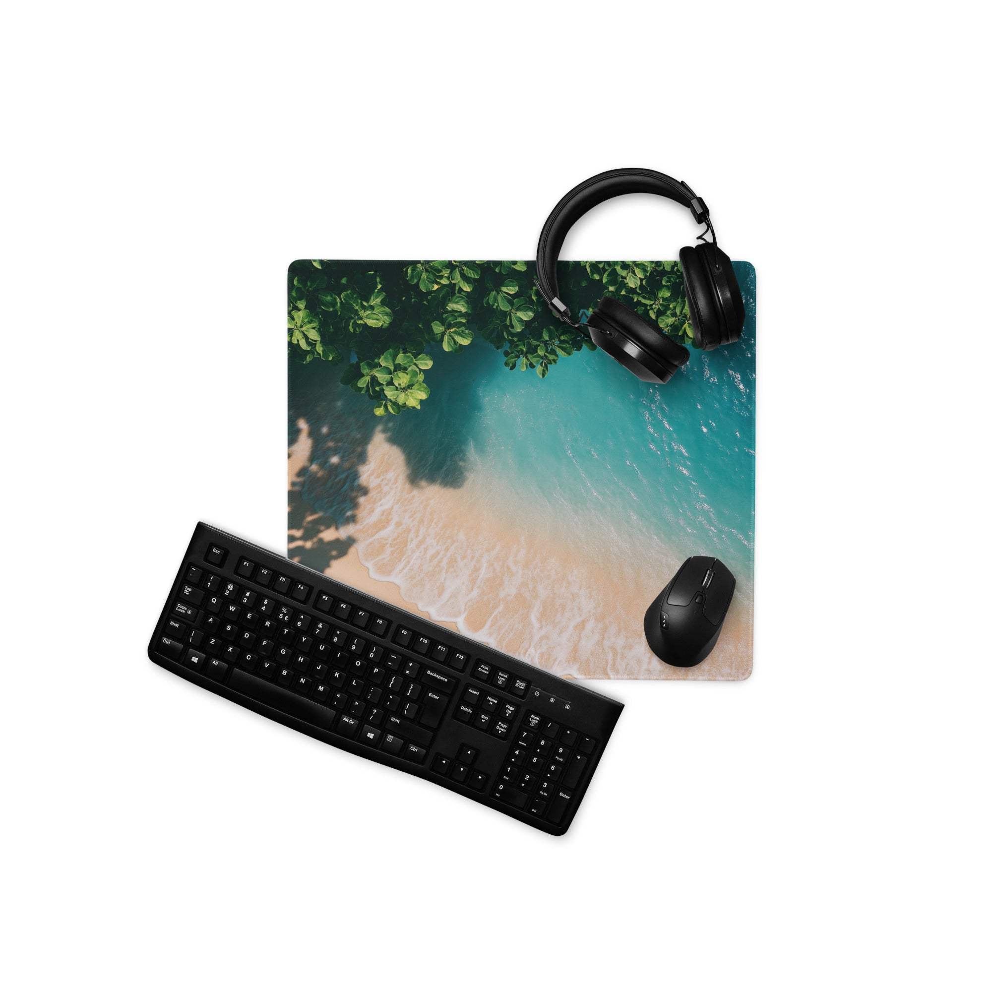 Premium large ocean teal gaming mouse pad with beach design, keyboard, headset