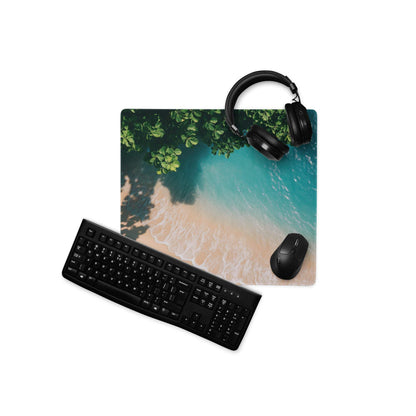Premium large ocean teal gaming mouse pad with beach design, keyboard, headset