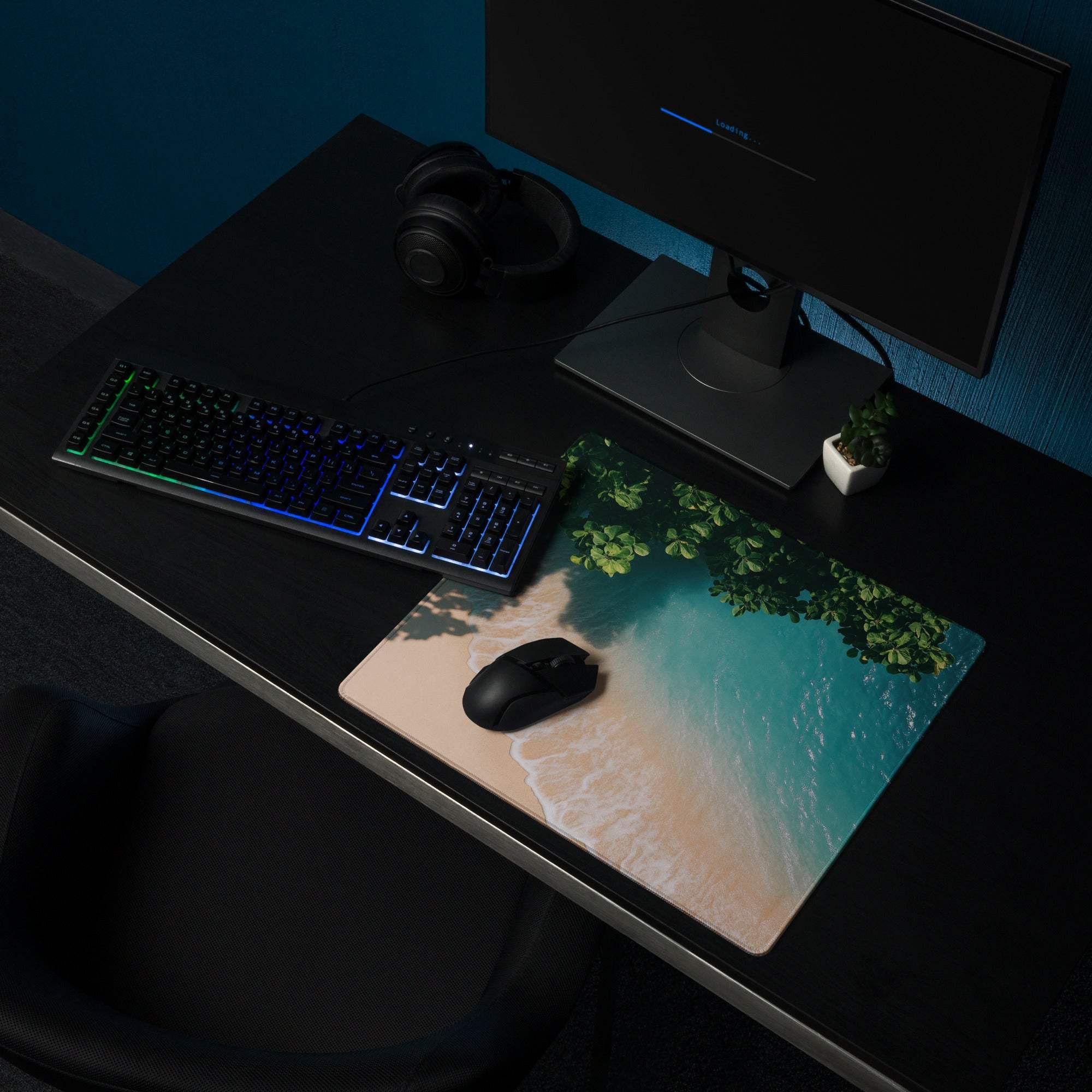 Premium large beige teal ocean beach mousepad with green foliage