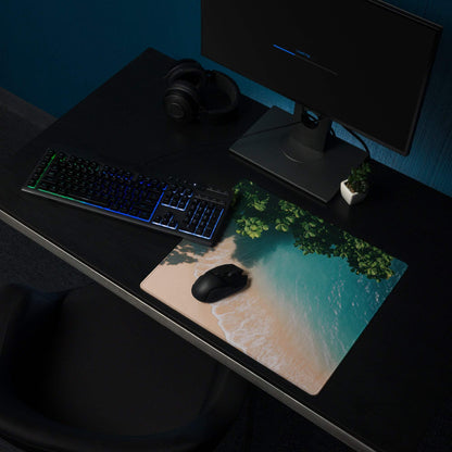 Premium large beige teal ocean beach mousepad with green foliage