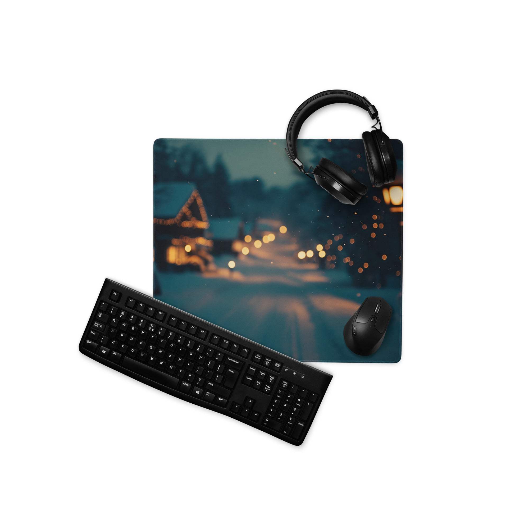 Black keyboard and mouse on Moody Blue Winter Night cityscape gaming pad