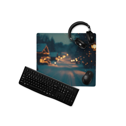 Black keyboard and mouse on Moody Blue Winter Night cityscape gaming pad