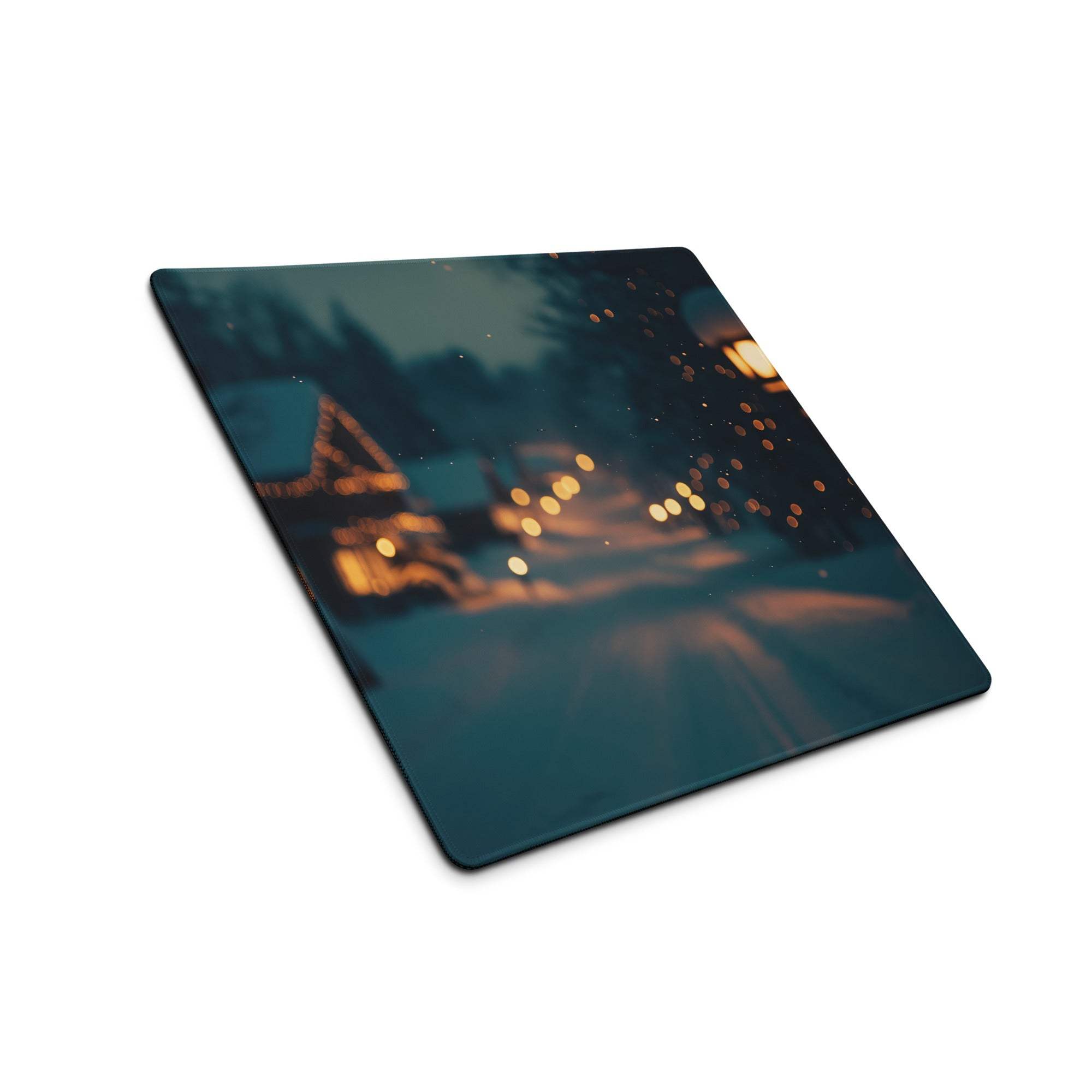 Moody Blue Winter Night Cityscape gaming mouse pad with non-slip backing