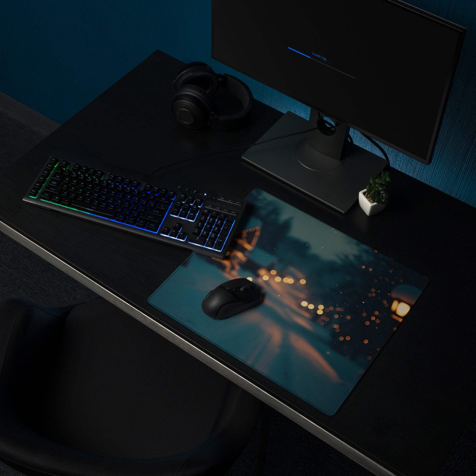 Moody Blue winter night cityscape gaming mouse pad with non-slip backing