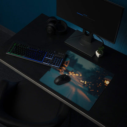 Moody Blue winter night cityscape gaming mouse pad with non-slip backing
