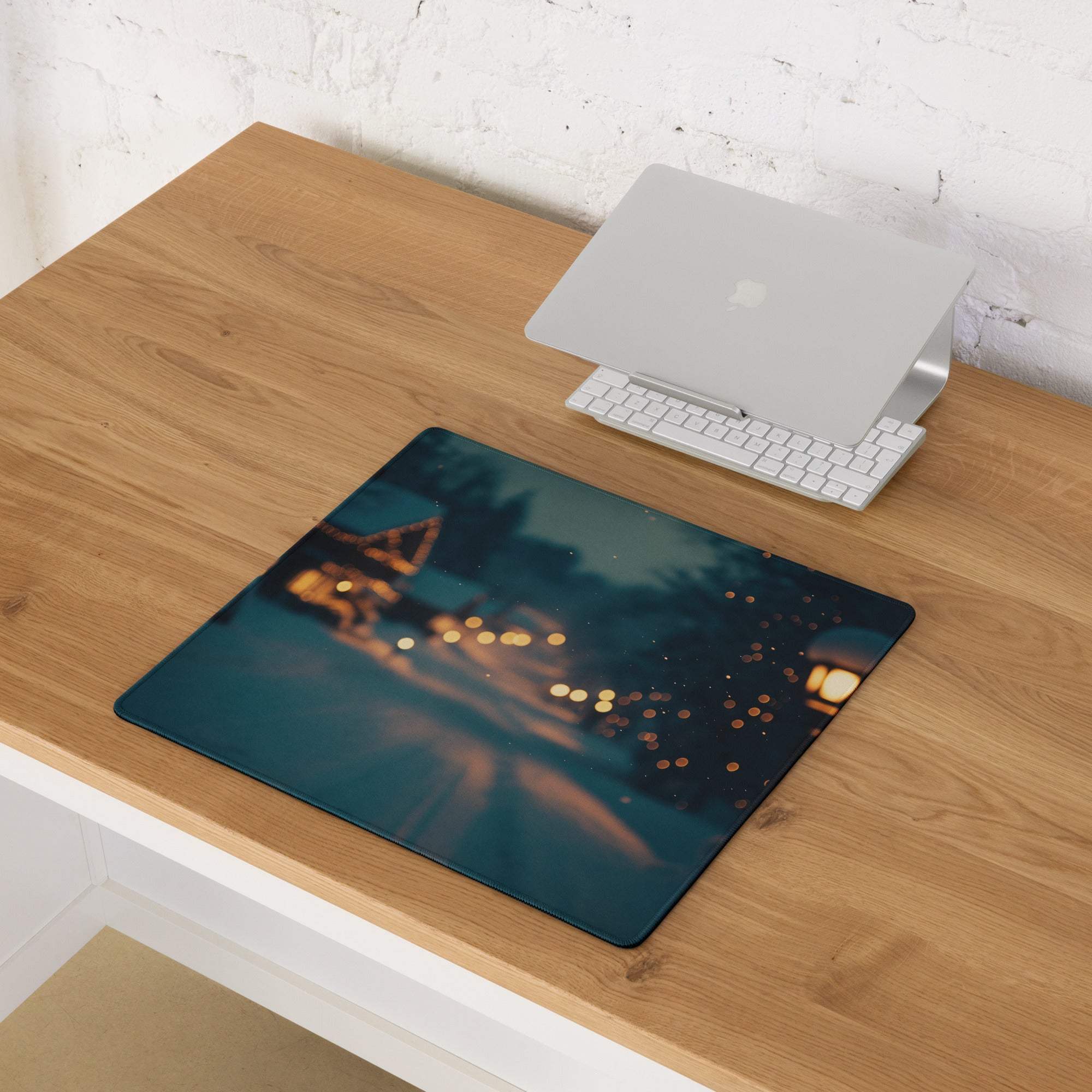 Moody Blue Winter Night cityscape gaming mouse pad with non-slip backing