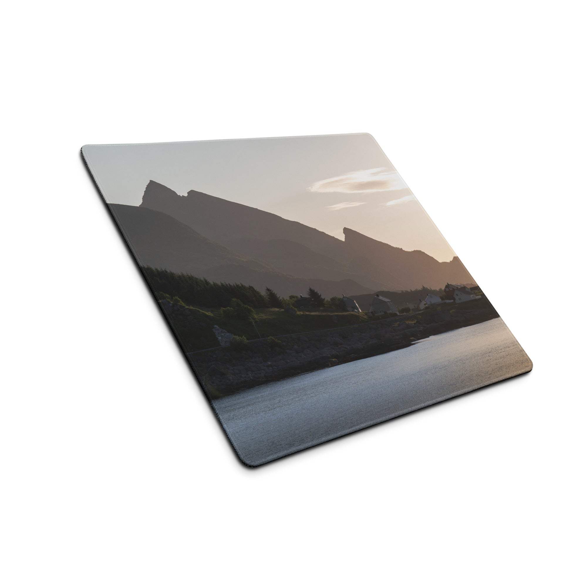Premium calm mountain sunset rectangular gaming mouse pad with stitched edges