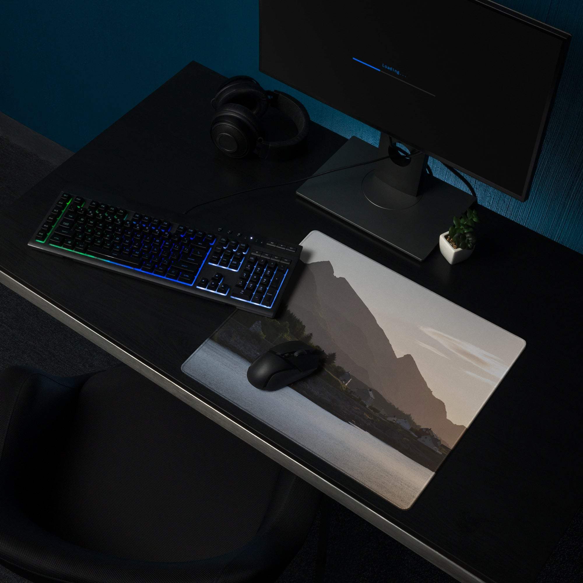 Premium calm mountain sunset gaming mouse pad with stitched edges