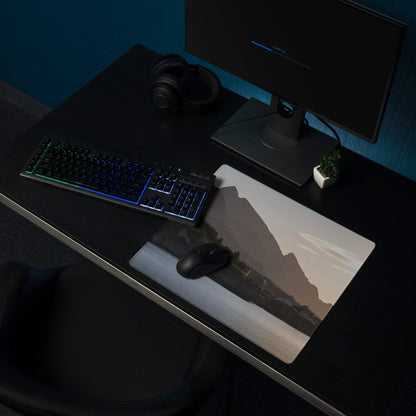 Premium calm mountain sunset gaming mouse pad with stitched edges