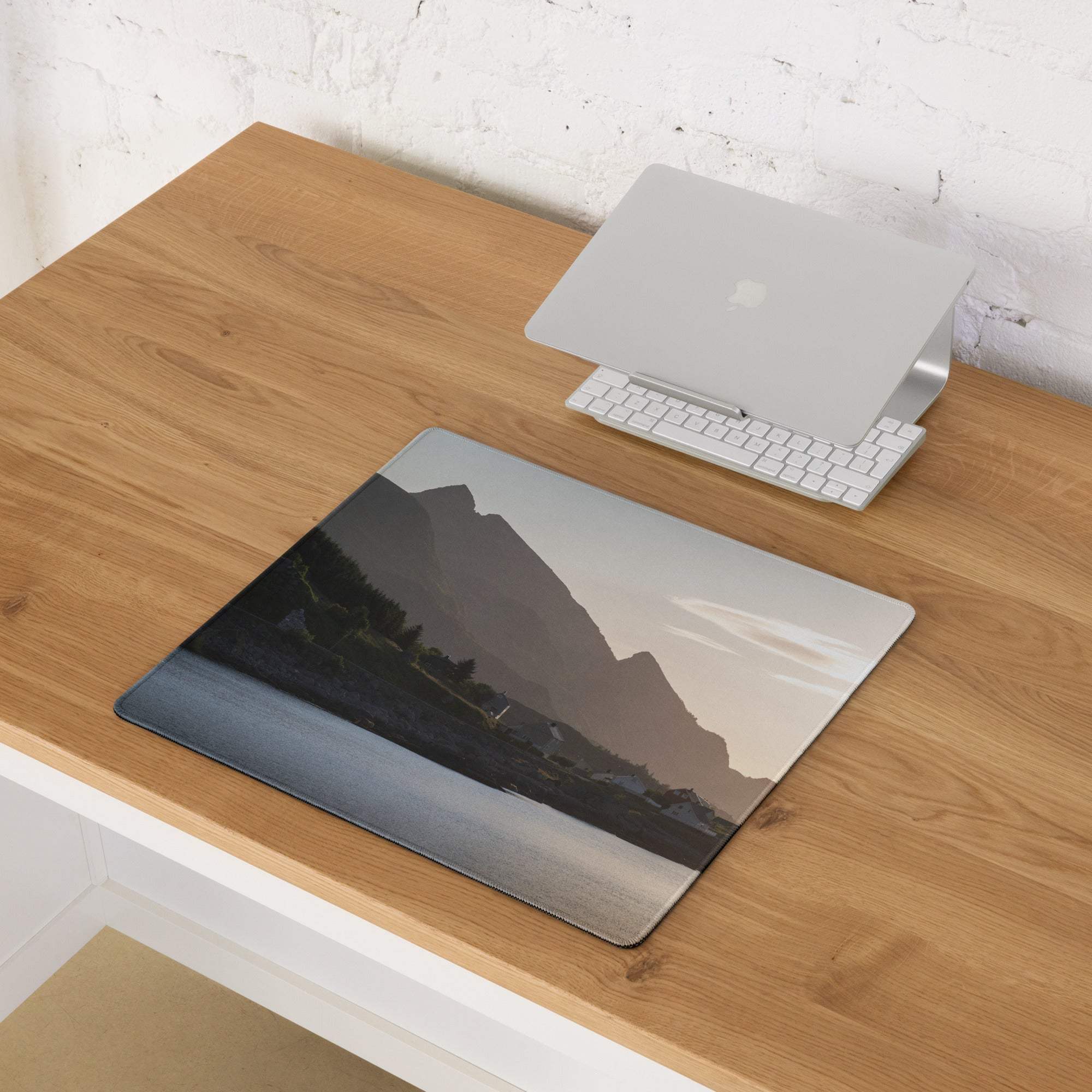 Premium calm mountain sunset gaming mouse pad with stitched edges
