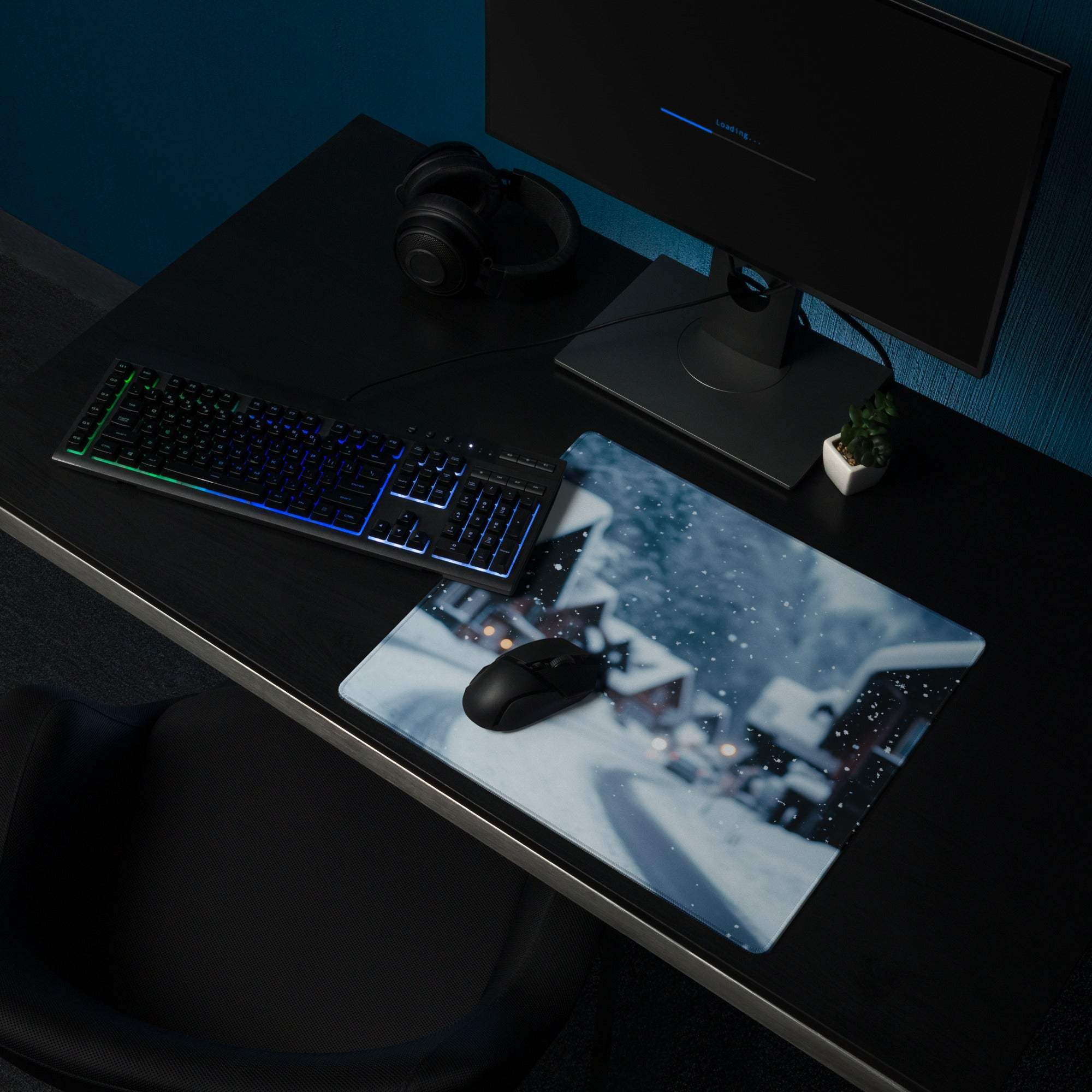Winter Snow Village large gaming mouse pad with stitched edges and snow scene