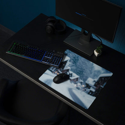 Winter Snow Village large gaming mouse pad with stitched edges and snow scene